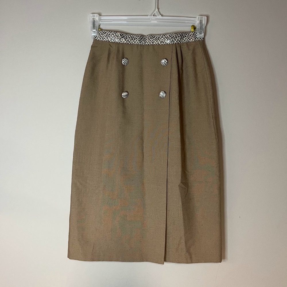 Vintage Faux Snakeskin Trim Brown Pencil Skirt Secretary Geek Pin Up Style